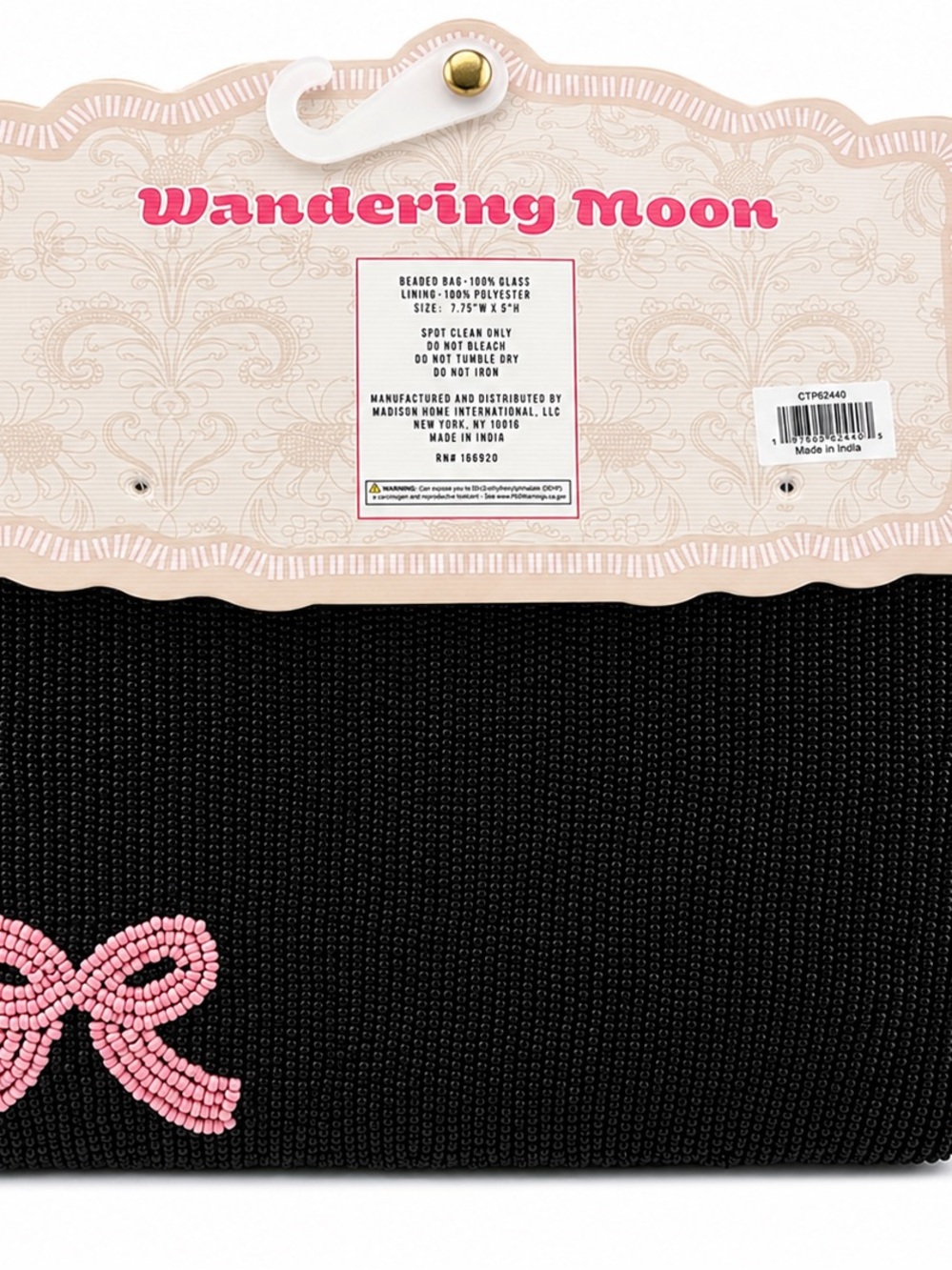 Wandering Moon Black Beaded Skull Pouch with Pink Accent & tassels NWT - Picture 3 of 6